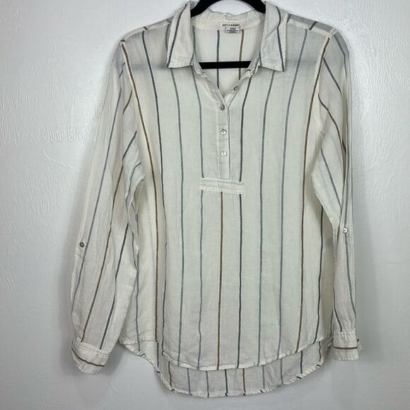 Artisan NY Linen Striped Hi-Low Hem Roll Tab Sleeve Blouse Top Size L - Picture 1 of 8